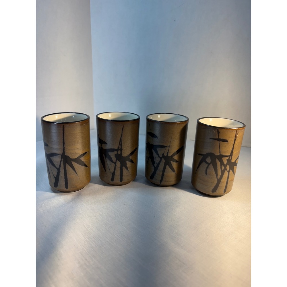 Set of 4 MCM Brown Bamboo Ceramic Japanese‎ Tea Cups MOC Japan